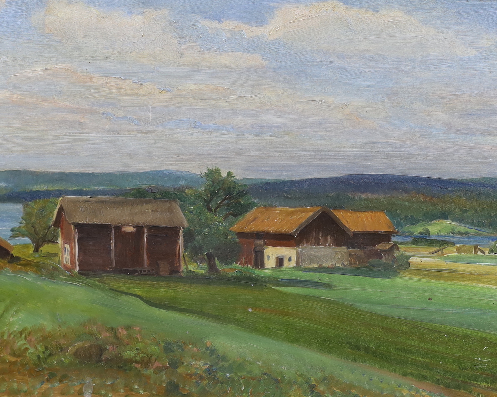 Per Fredriks (Swedish, 1887-1947), oil on canvas, Farmhouses in a landscape, signed, 33 x 41cm, unframed